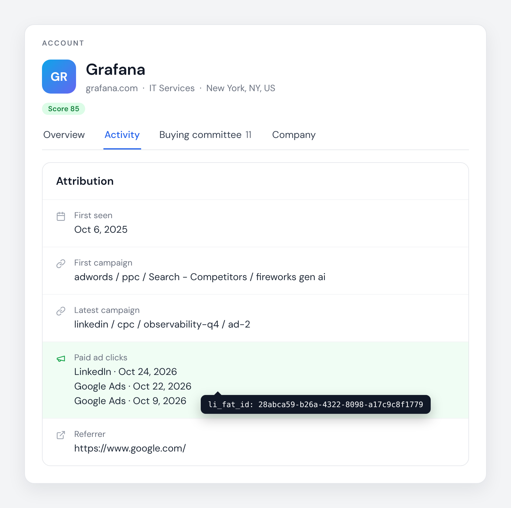 The Attribution card on a Knock2 account, listing three paid ad clicks newest first: LinkedIn on Oct 24, Google Ads on Oct 22 and Google Ads on Oct 9, with the LinkedIn click ID shown on hover