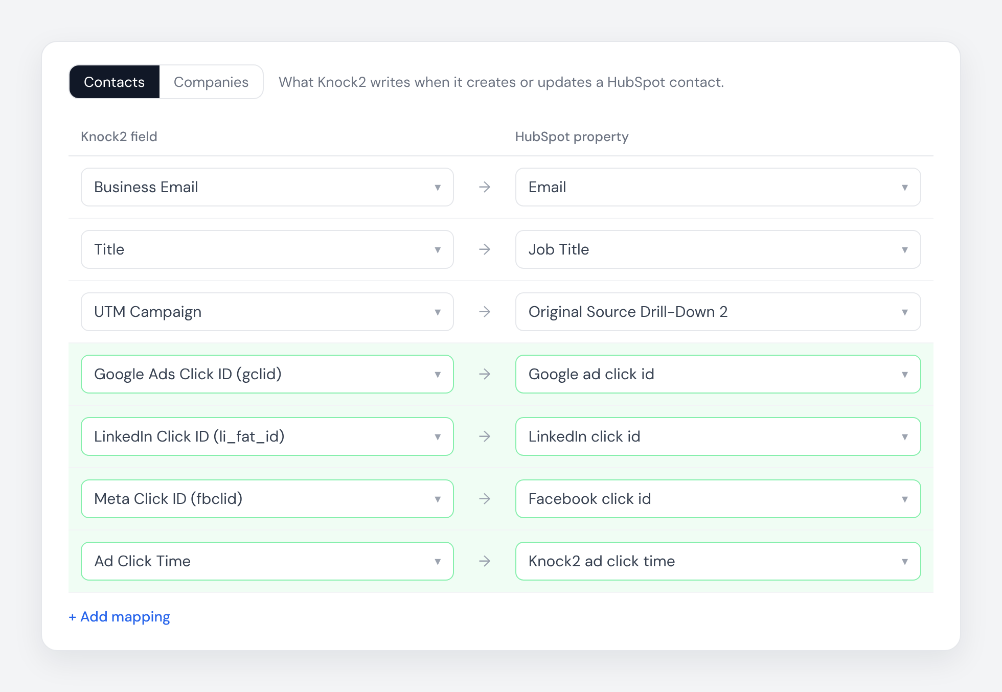 Knock2's HubSpot field mapping with the Google, LinkedIn and Meta click IDs and the ad click time mapped onto HubSpot contact properties