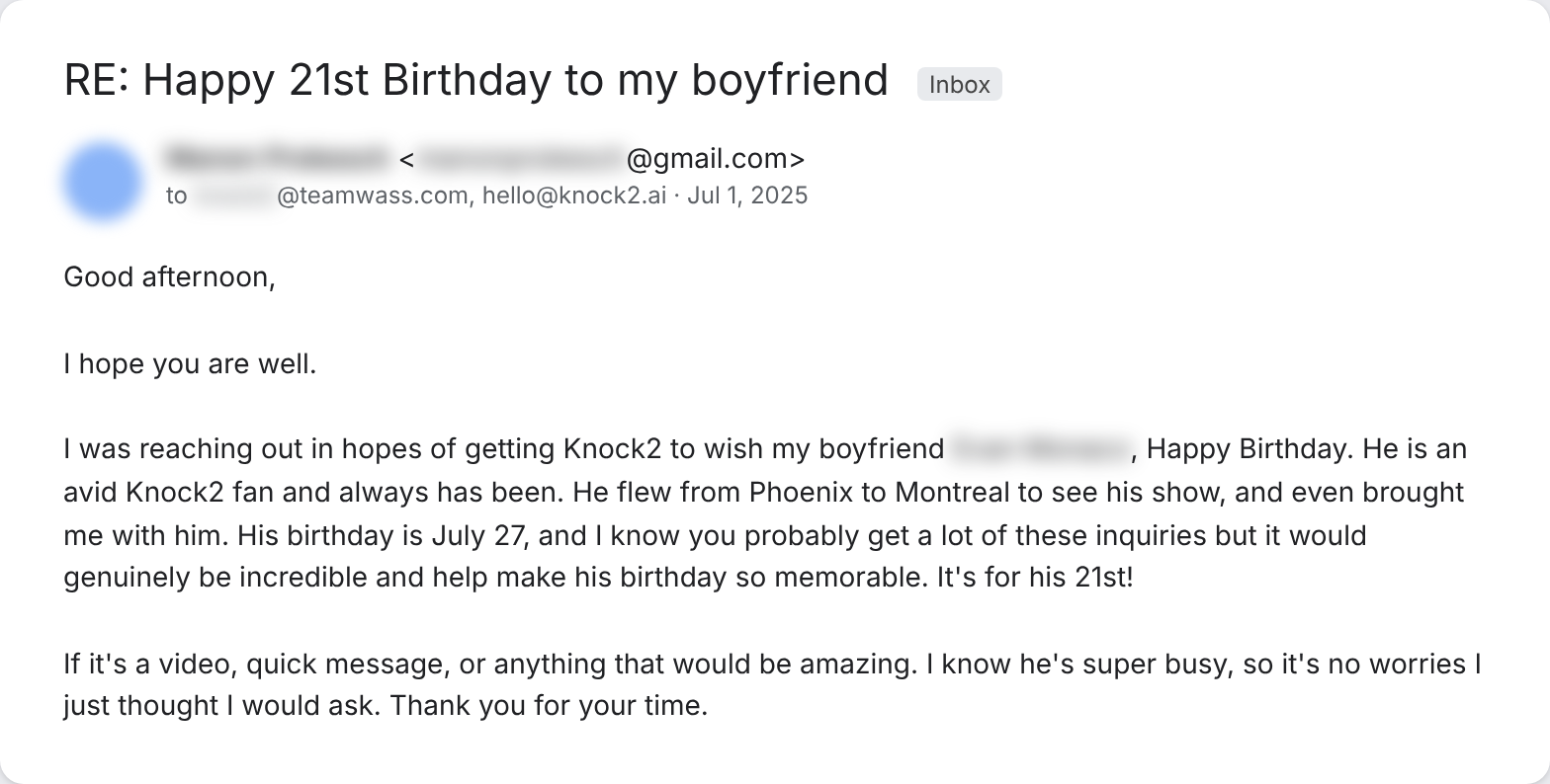 A fan's email asking Knock2 to wish her boyfriend a happy 21st birthday