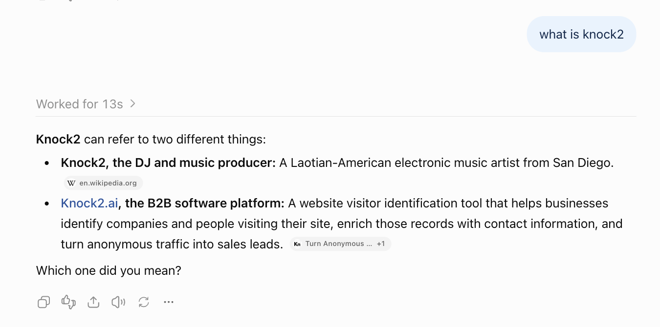 ChatGPT answering what is Knock2: it can refer to the DJ and music producer from San Diego, or Knock2.ai, the B2B website visitor identification platform, and asks which one you meant