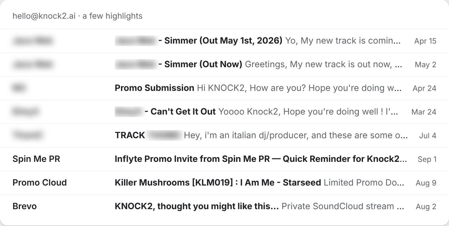 A list of inbox messages from music producers and promo services sending new tracks to Knock2