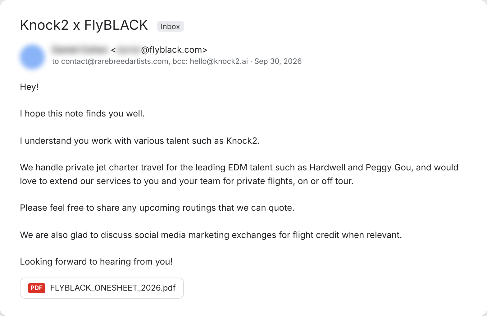 Email from a private jet charter company offering private flights for Knock2 and the team, on or off tour, with flight credit for social posts
