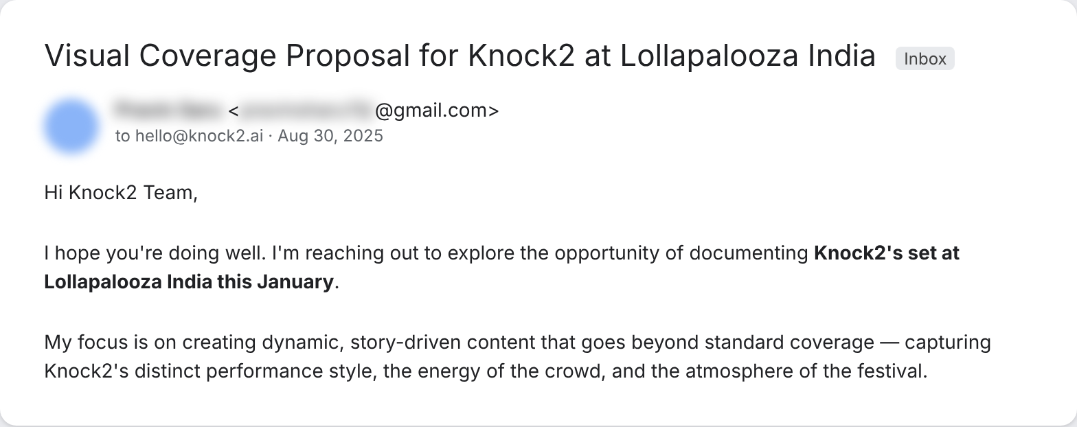Email from a photographer proposing to document Knock2's set at Lollapalooza India