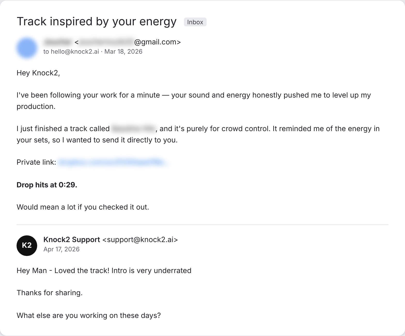 A producer's email sharing a track with the note that the drop hits at 0:29, and the Knock2 support team's reply saying they loved the track