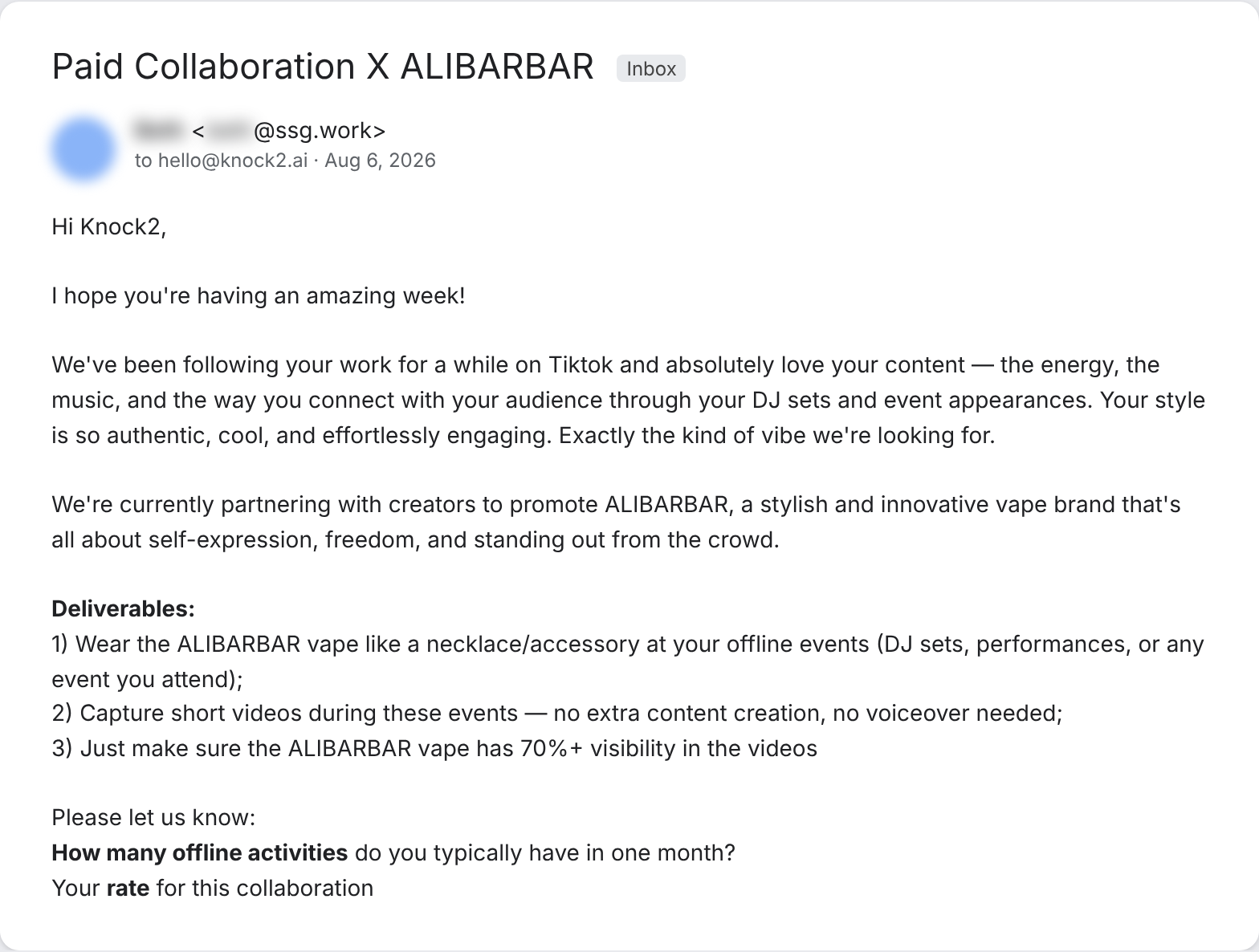 Email offering a paid collaboration with a vape brand, asking Knock2 to wear the vape like a necklace at DJ sets with 70 percent visibility in videos
