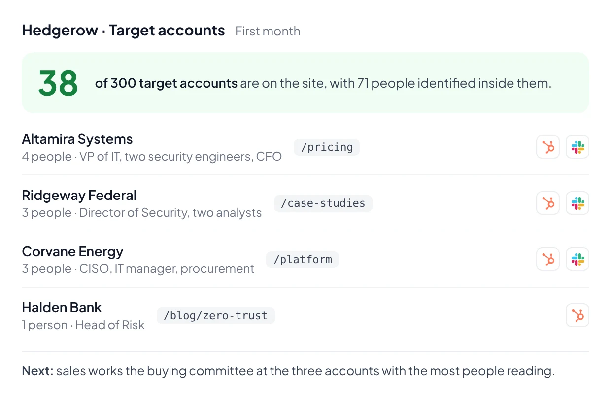 A client's target account report: 38 of 300 target accounts on the site in the first month, with the people reading inside each account, the page they read and where they were sent
