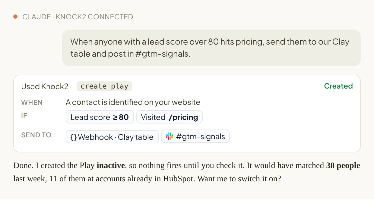 Claude building a Knock2 workflow from one sentence: anyone with a lead score over 80 who visits pricing goes to a Clay table by webhook and to #gtm-signals in Slack, created inactive for review