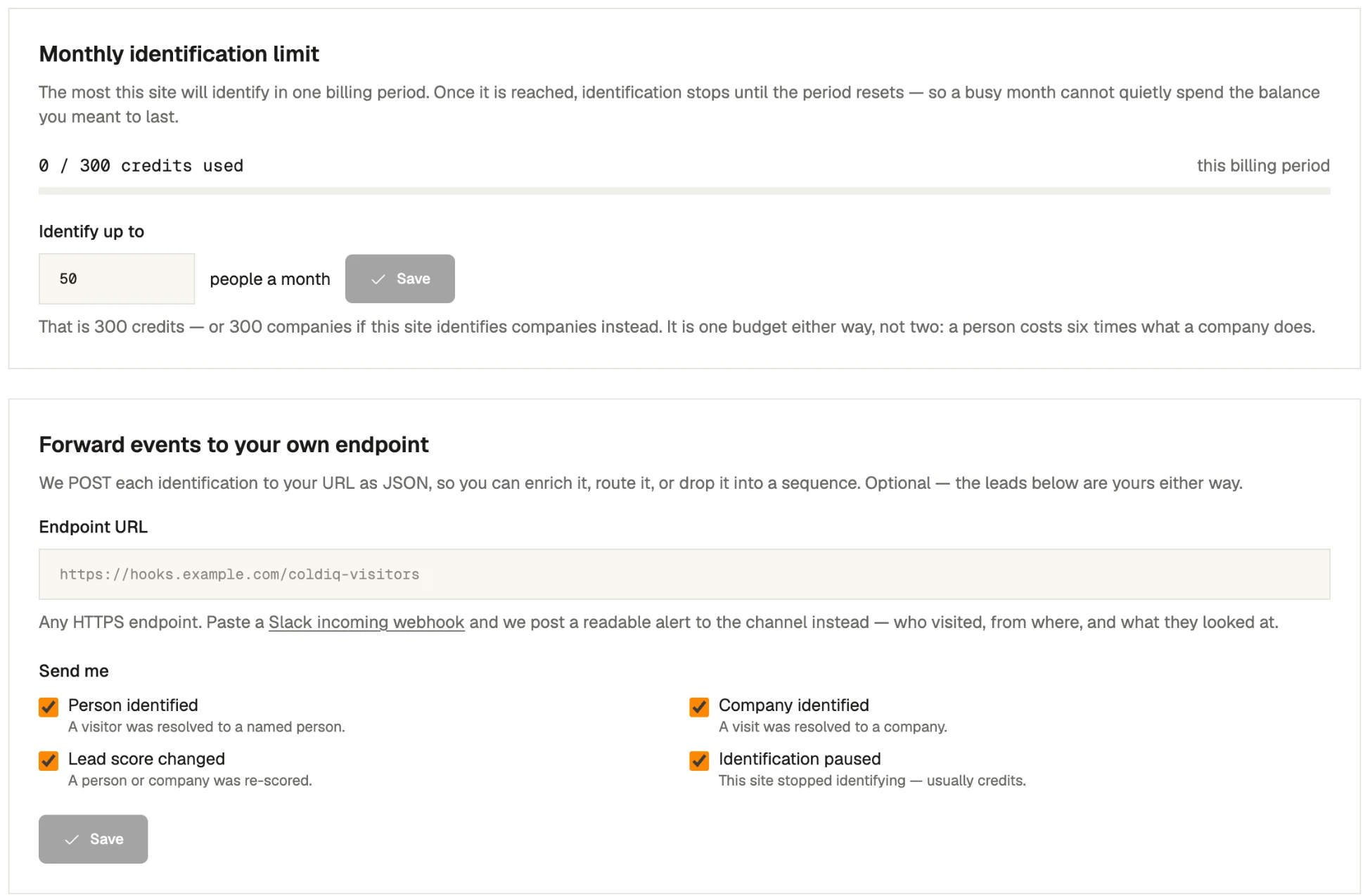 ColdIQ's per-site monthly identification limit and event forwarding settings