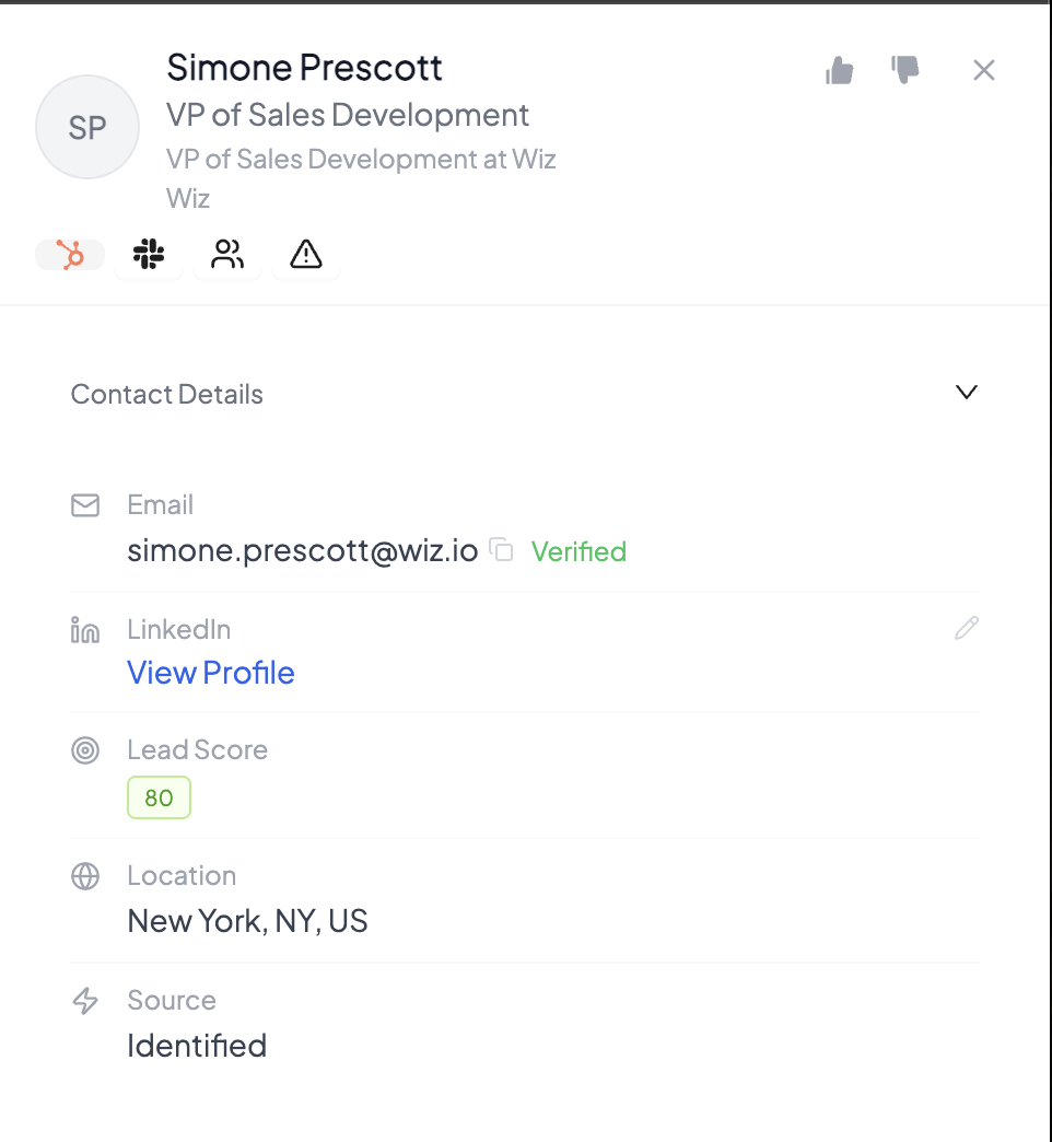 A resolved Knock2 contact record — name, title, verified email, phone, company and pages viewed