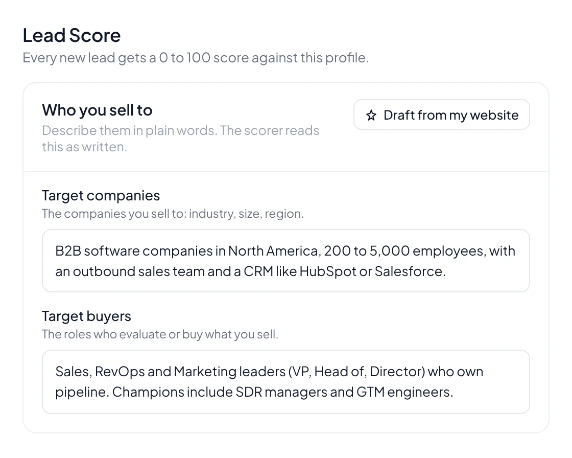 Knock2 lead score settings: target companies and target buyers written in plain English, with Draft from my website