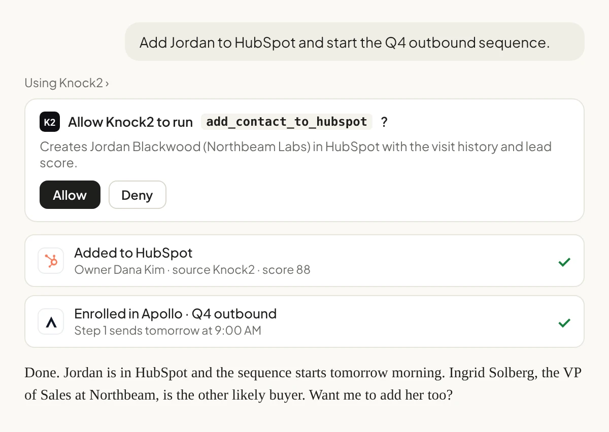 In Claude, a rep asks to add Jordan to HubSpot and start a sequence; Claude asks permission, both actions complete, and it suggests the next buyer
