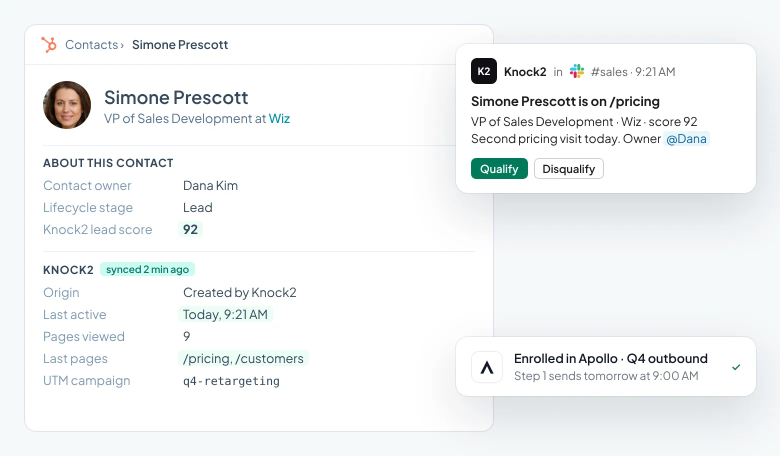 One buyer where the rep already works: Simone Prescott's HubSpot contact with Knock2's lead score, last active time and pages viewed, the Slack alert that reached her owner, and her enrollment in an Apollo sequence