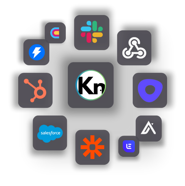 Circle arrangement of 11 app integration icons including Slack, Salesforce, Zapier, HubSpot, and others on a dark background.